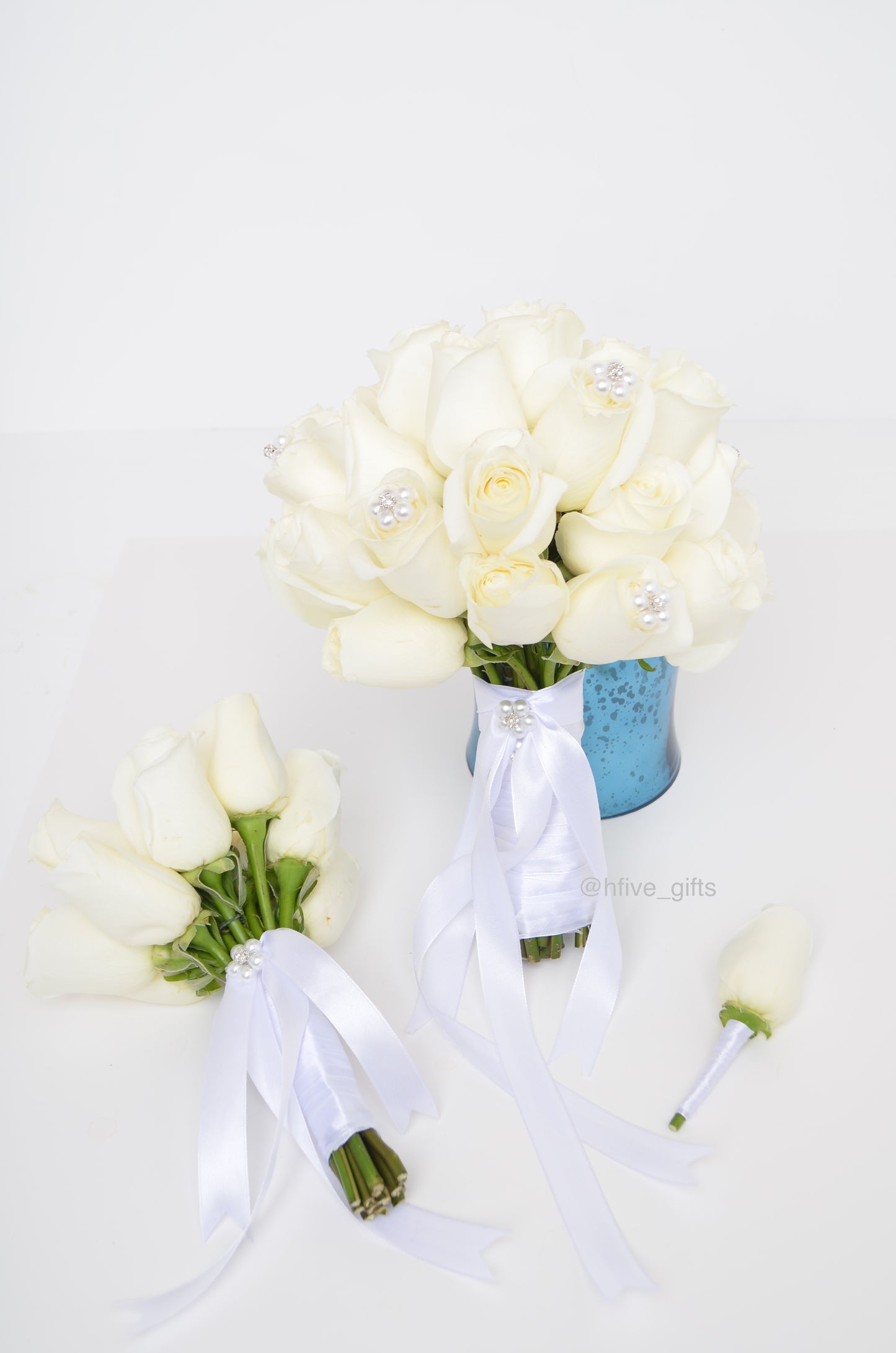 White Roses Bouquet with Pearls