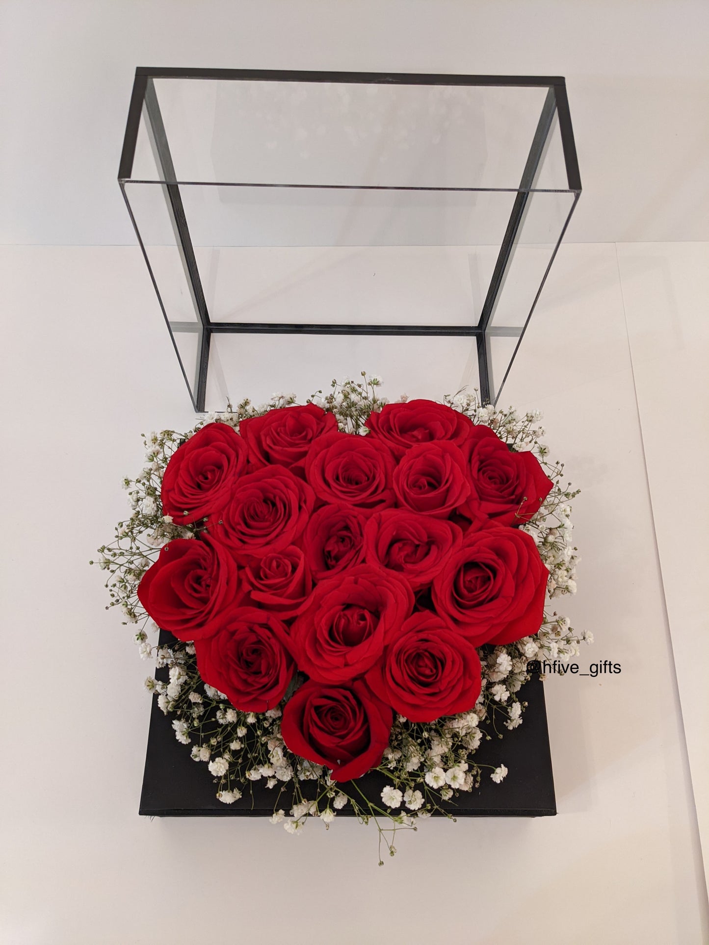 Heart shaped flower arrangement gift. Fresh roses in a clear box. Best Anniversary, Birthday gift.