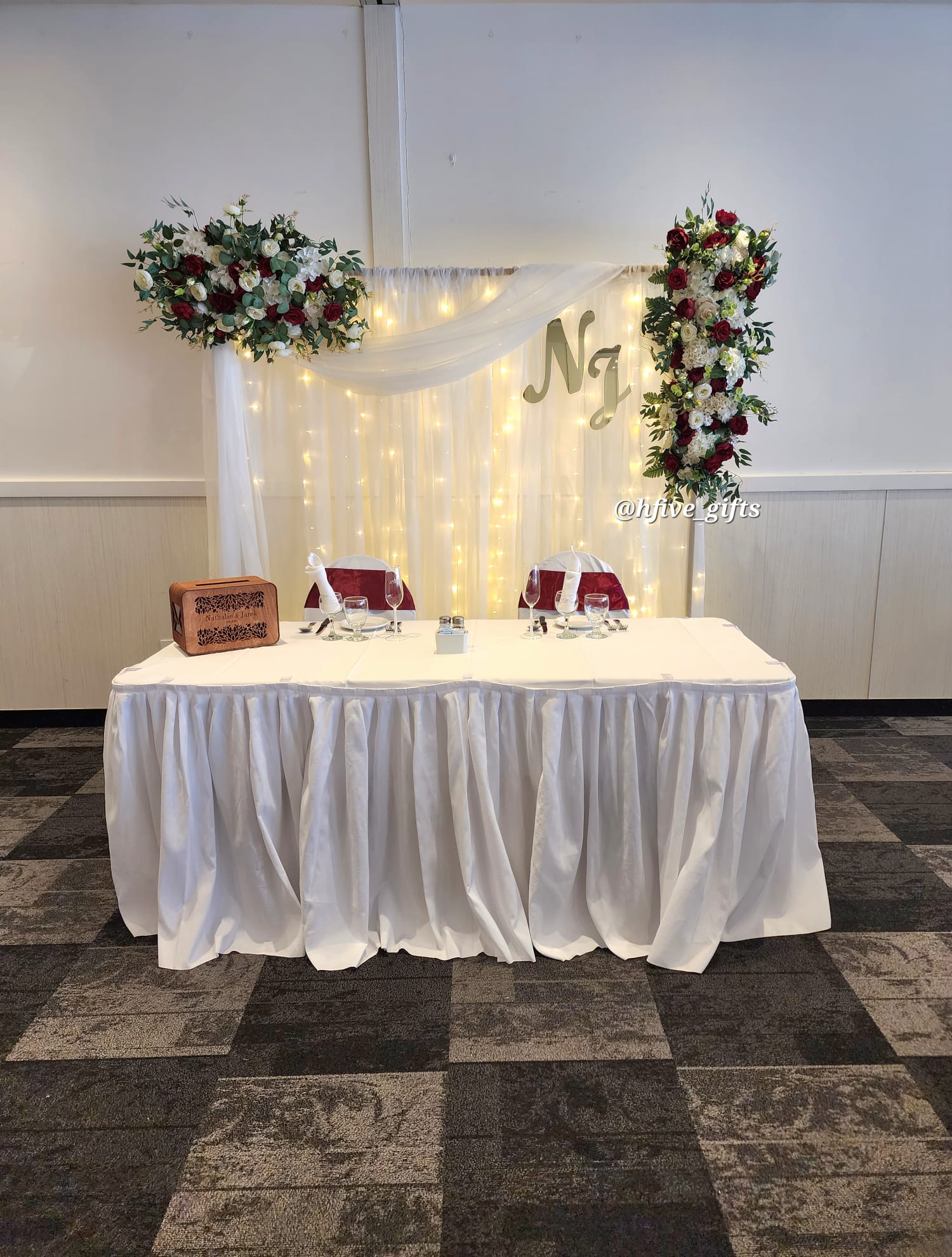 Wedding Reception Decor Setup Flower arch white drape and fairy lights