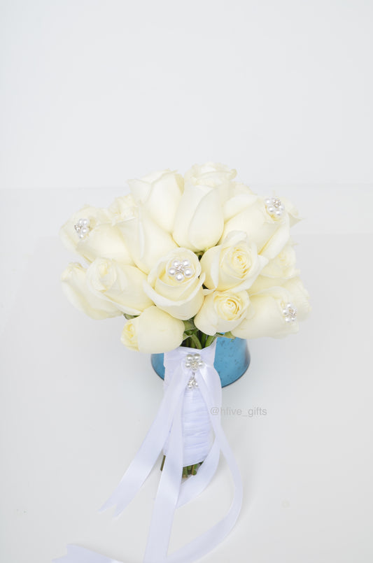 White Roses Bouquet with Pearls